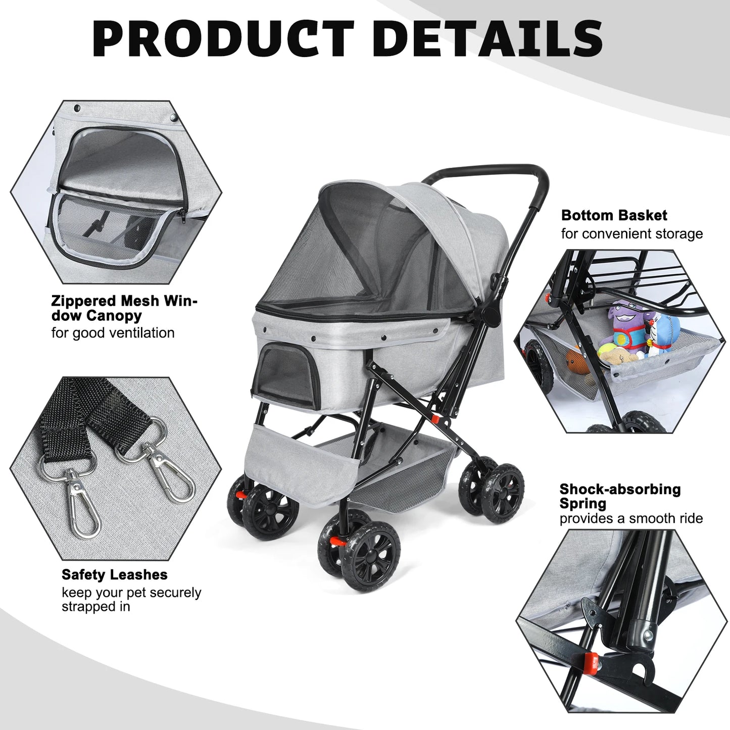 Foldable Cat Dog Stroller with Storage Basket