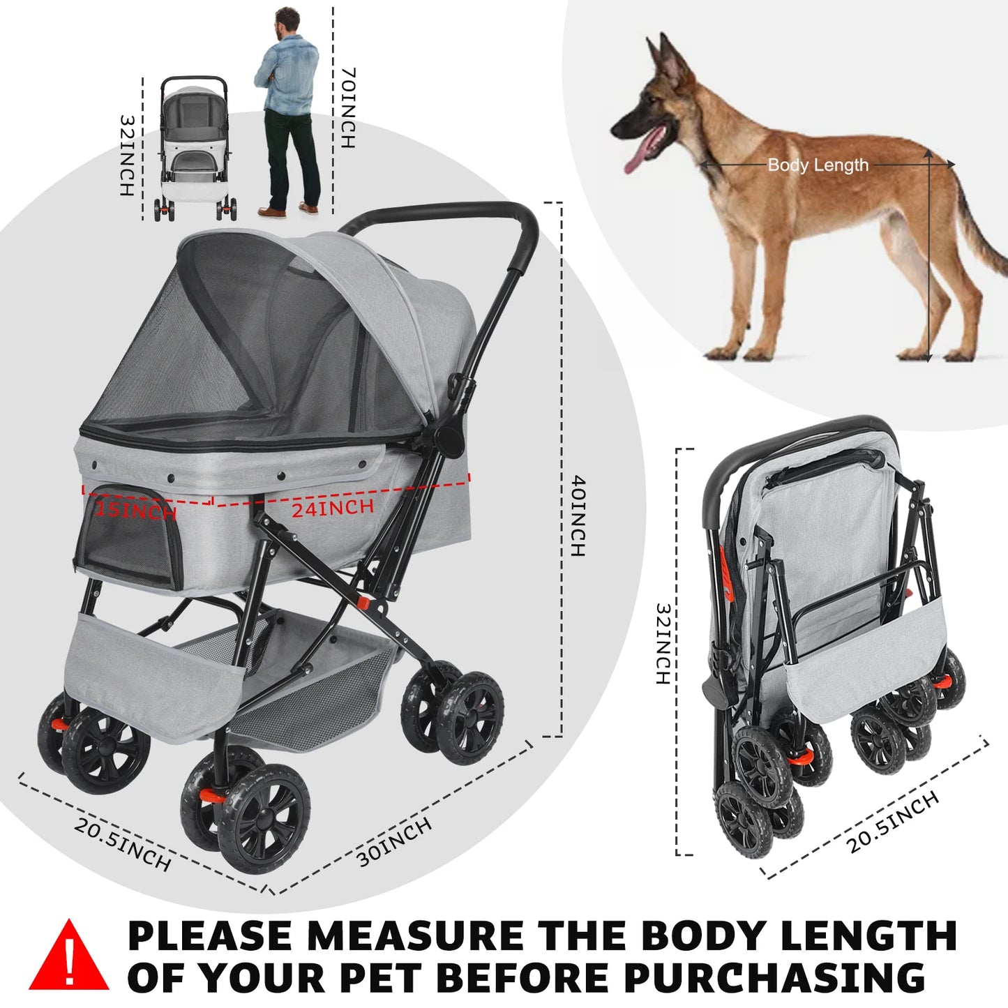 Foldable Cat Dog Stroller with Storage Basket