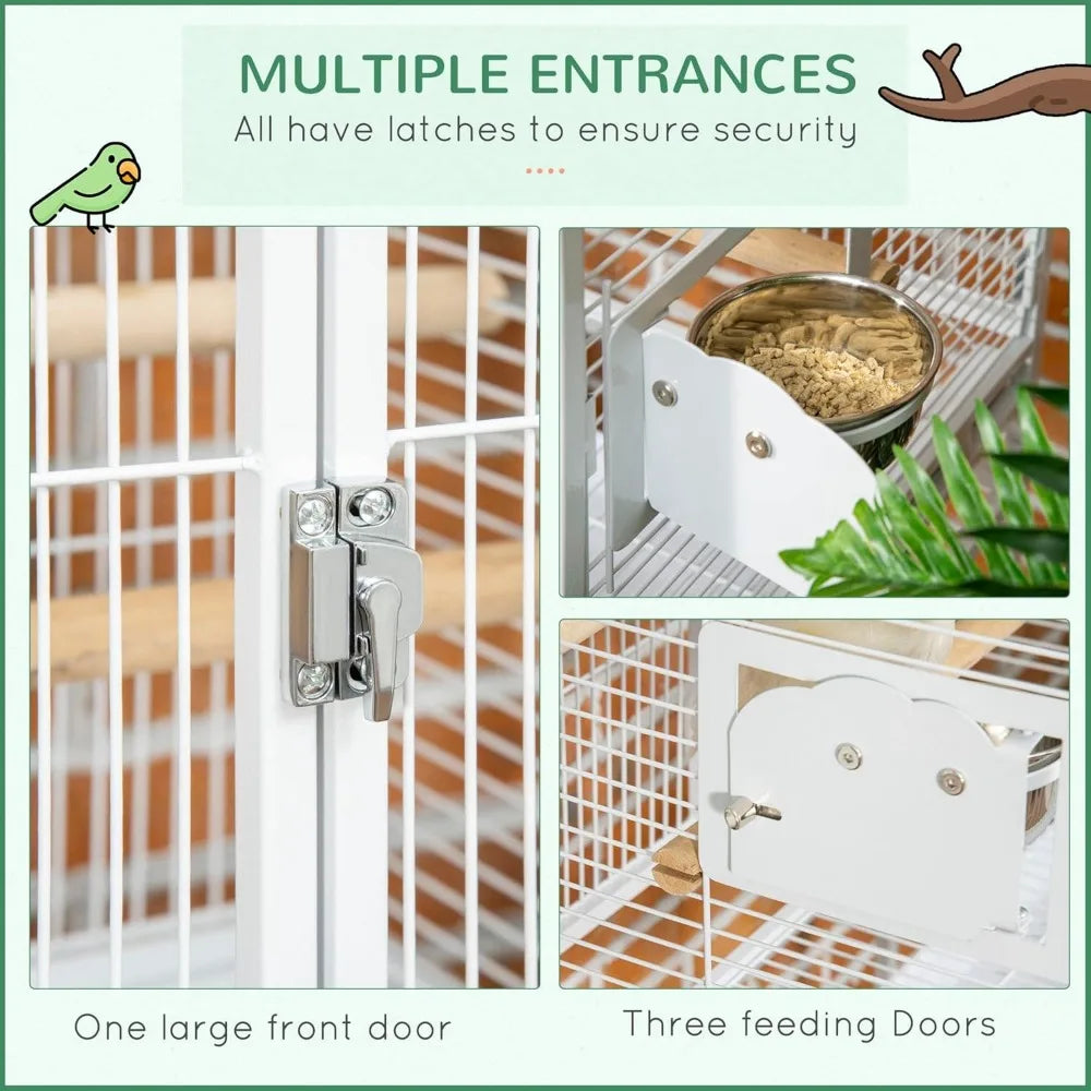 55" Large Parrot Cage with Toy Hooks Above Top Bird Perch, Tray, Bird Cage for Cockatiels