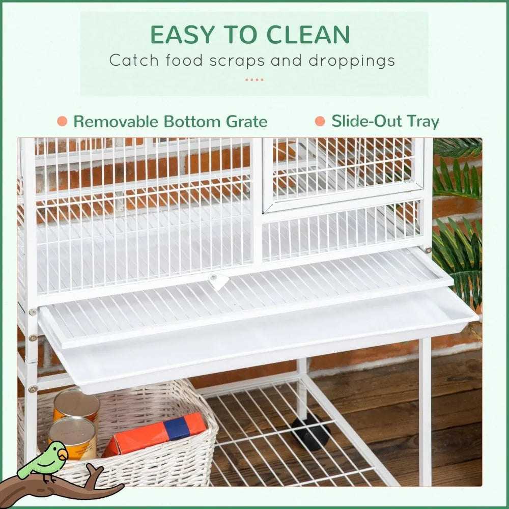 55" Large Parrot Cage with Toy Hooks Above Top Bird Perch, Tray, Bird Cage for Cockatiels