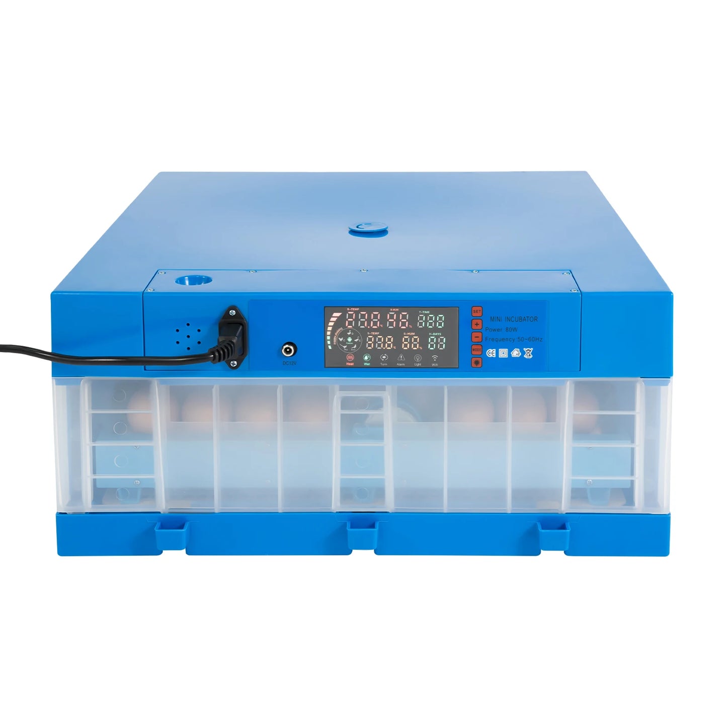 AC110V/DC12V Blue 80W 64 Eggs Incubator Automatic Digital Chicken Egg Hatcher Temperature Control