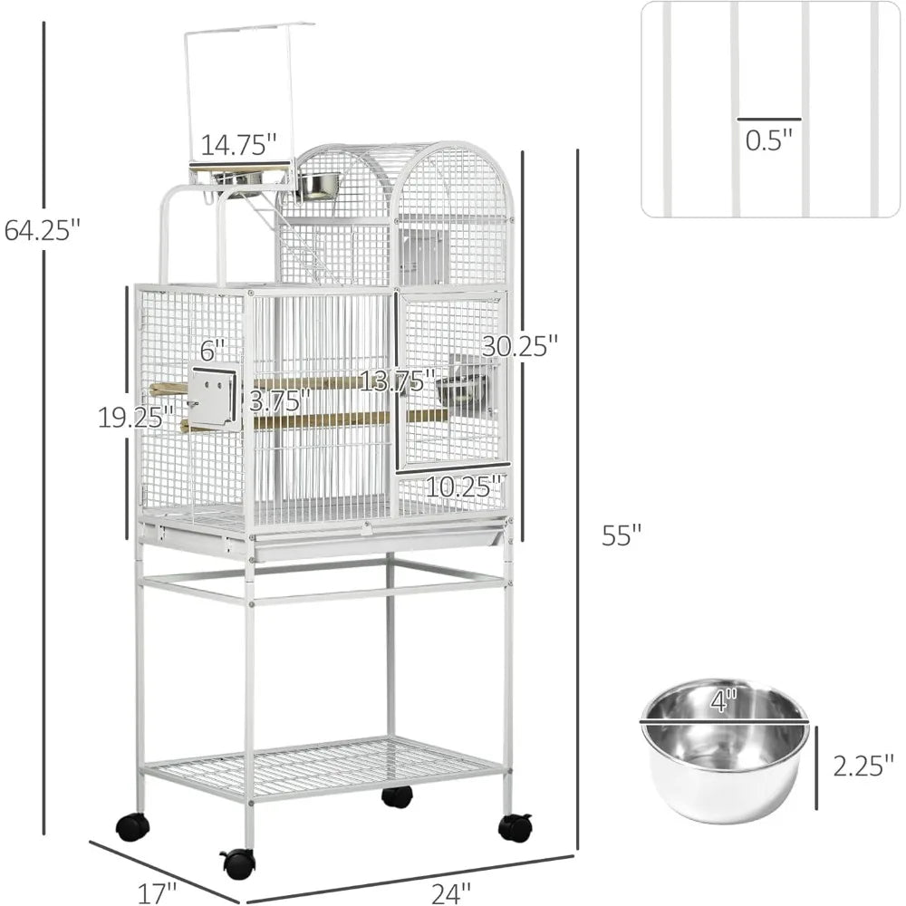 55" Large Parrot Cage with Toy Hooks Above Top Bird Perch, Tray, Bird Cage for Cockatiels