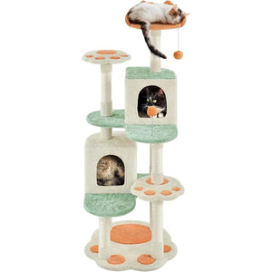 57.5in Cat Tree Tower, Multi-Functional w/Cat Paw-Shaped Platform, Scratching Posts, 2 Condos and Dang 57.5in Cat Tree Tower, Multi-Functional w/Cat Paw-Shaped Platform, Scratching Posts, 2 Condos and Dang