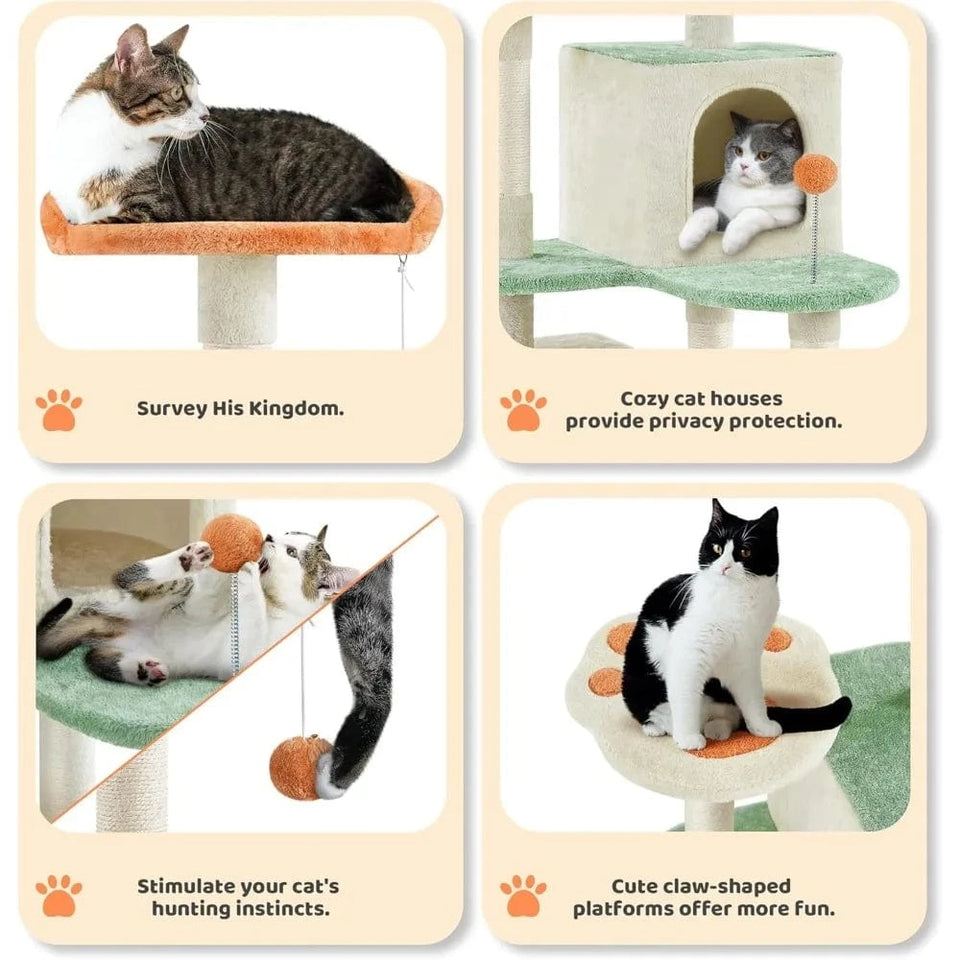 57.5in Cat Tree Tower, Multi-Functional w/Cat Paw-Shaped Platform, Scratching Posts, 2 Condos and Dang 57.5in Cat Tree Tower, Multi-Functional w/Cat Paw-Shaped Platform, Scratching Posts, 2 Condos and Dang
