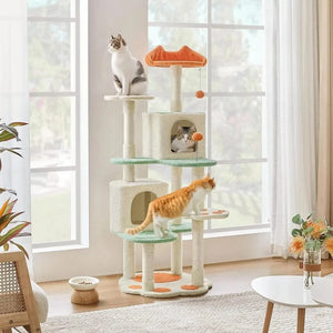 57.5in Cat Tree Tower, Multi-Functional w/Cat Paw-Shaped Platform, Scratching Posts, 2 Condos and Dang 57.5in Cat Tree Tower, Multi-Functional w/Cat Paw-Shaped Platform, Scratching Posts, 2 Condos and Dang