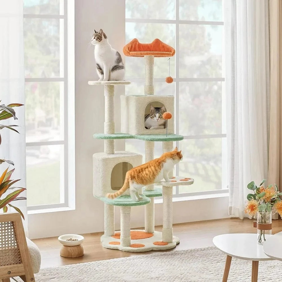 57.5in Cat Tree Tower, Multi-Functional w/Cat Paw-Shaped Platform, Scratching Posts, 2 Condos and Dang 57.5in Cat Tree Tower, Multi-Functional w/Cat Paw-Shaped Platform, Scratching Posts, 2 Condos and Dang