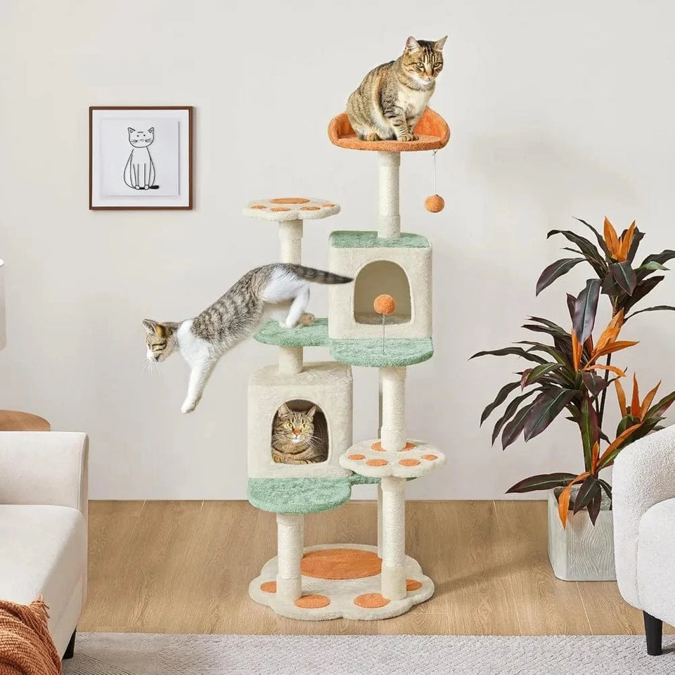 57.5in Cat Tree Tower, Multi-Functional w/Cat Paw-Shaped Platform, Scratching Posts, 2 Condos and Dang 57.5in Cat Tree Tower, Multi-Functional w/Cat Paw-Shaped Platform, Scratching Posts, 2 Condos and Dang