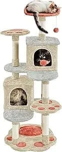 Beige  Grey / United States 57.5in Cat Tree Tower, Multi-Functional w/Cat Paw-Shaped Platform, Scratching Posts, 2 Condos and Dang 57.5in Cat Tree Tower, Multi-Functional w/Cat Paw-Shaped Platform, Scratching Posts, 2 Condos and Dang
