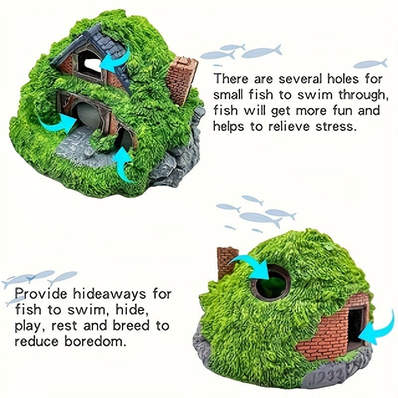 Green 3pcs Large Resin Aquarium Decor Set with Dual Layered Cabins & 2 Artificial Water Plants 3pcs Large Resin Aquarium Decor Set with Dual Layered Cabins & 2 Artificial Water Plants