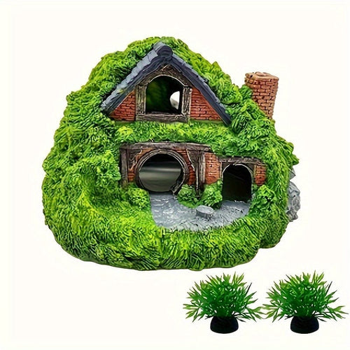 Green 3pcs Large Resin Aquarium Decor Set with Dual Layered Cabins & 2 Artificial Water Plants 3pcs Large Resin Aquarium Decor Set with Dual Layered Cabins & 2 Artificial Water Plants