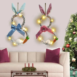 Pink / United States / 48X25CM Rabbit Garland Easter Rattan Ring With Lights Rabbit Ears Rabbit Garland Easter Rattan Ring With Lights Rabbit Ears