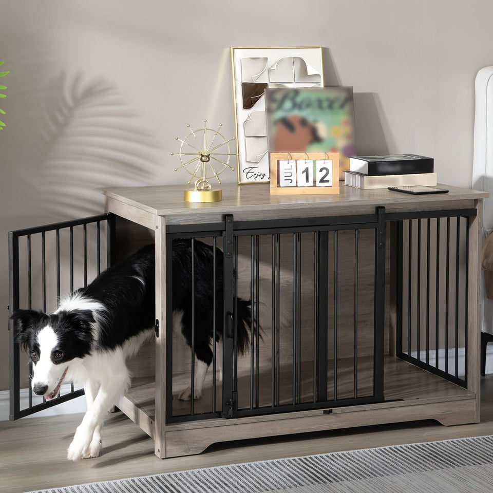 [Rustic Dog Crate Furniture] 39.4" Double Door Dog Crate, Dog Crate Furniture - Wooden End Side Table Dog Kennel Indoor For Small Medium Large Dog - Anti-Chew Anti-Escape, Rustic Brown/BlackGreige/White/White Brown [Rustic Dog Crate Furniture] 39.4" Double Door Dog Crate, Dog Crate Furniture - Wooden End Side Table Dog Kennel Indoor For Small Medium Large Dog - Anti-Chew Anti-Escape, Rustic Brown/BlackGreige/White/White Brown