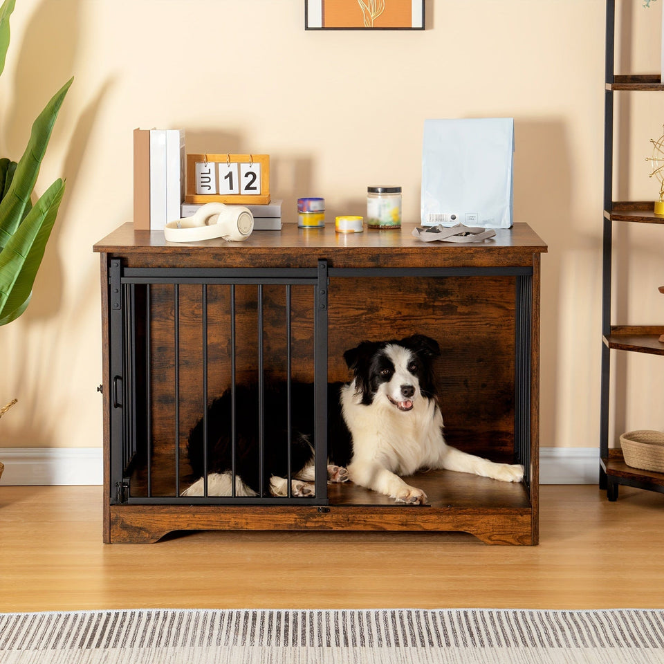 [Rustic Dog Crate Furniture] 39.4" Double Door Dog Crate, Dog Crate Furniture - Wooden End Side Table Dog Kennel Indoor For Small Medium Large Dog - Anti-Chew Anti-Escape, Rustic Brown/BlackGreige/White/White Brown [Rustic Dog Crate Furniture] 39.4" Double Door Dog Crate, Dog Crate Furniture - Wooden End Side Table Dog Kennel Indoor For Small Medium Large Dog - Anti-Chew Anti-Escape, Rustic Brown/BlackGreige/White/White Brown