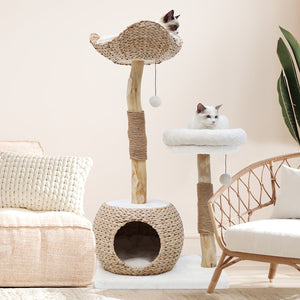 White 40.5'' Modern Deluxe Cat Tree - Natural Solid Wood Pillars, Scratching Post & Condo 40.5'' Modern Deluxe Cat Tree - Natural Solid Wood Pillars, Scratching Post & Condo