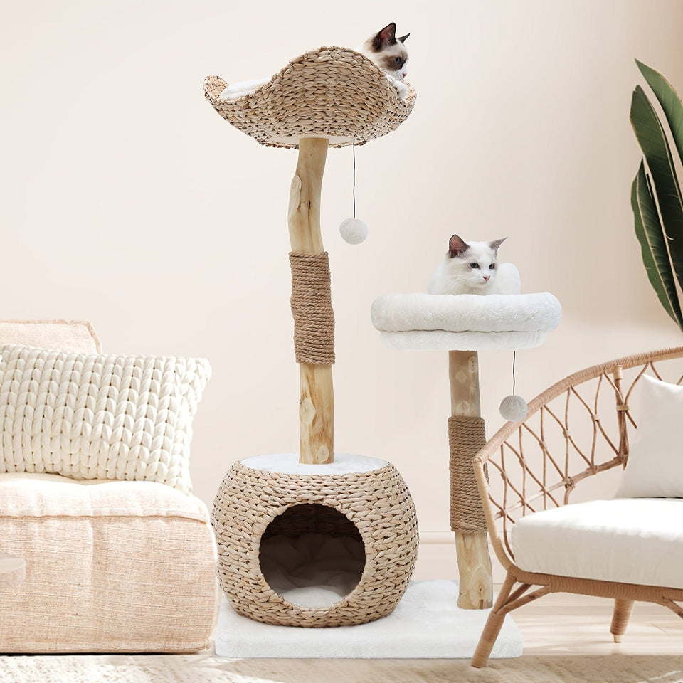 White 40.5'' Modern Deluxe Cat Tree - Natural Solid Wood Pillars, Scratching Post & Condo 40.5'' Modern Deluxe Cat Tree - Natural Solid Wood Pillars, Scratching Post & Condo