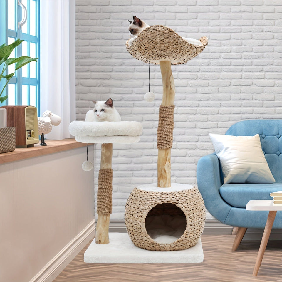 White 40.5'' Modern Deluxe Cat Tree - Natural Solid Wood Pillars, Scratching Post & Condo 40.5'' Modern Deluxe Cat Tree - Natural Solid Wood Pillars, Scratching Post & Condo
