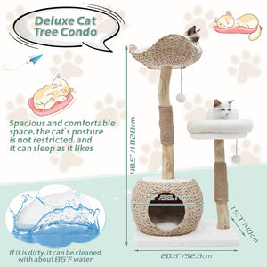 White 40.5'' Modern Deluxe Cat Tree - Natural Solid Wood Pillars, Scratching Post & Condo 40.5'' Modern Deluxe Cat Tree - Natural Solid Wood Pillars, Scratching Post & Condo