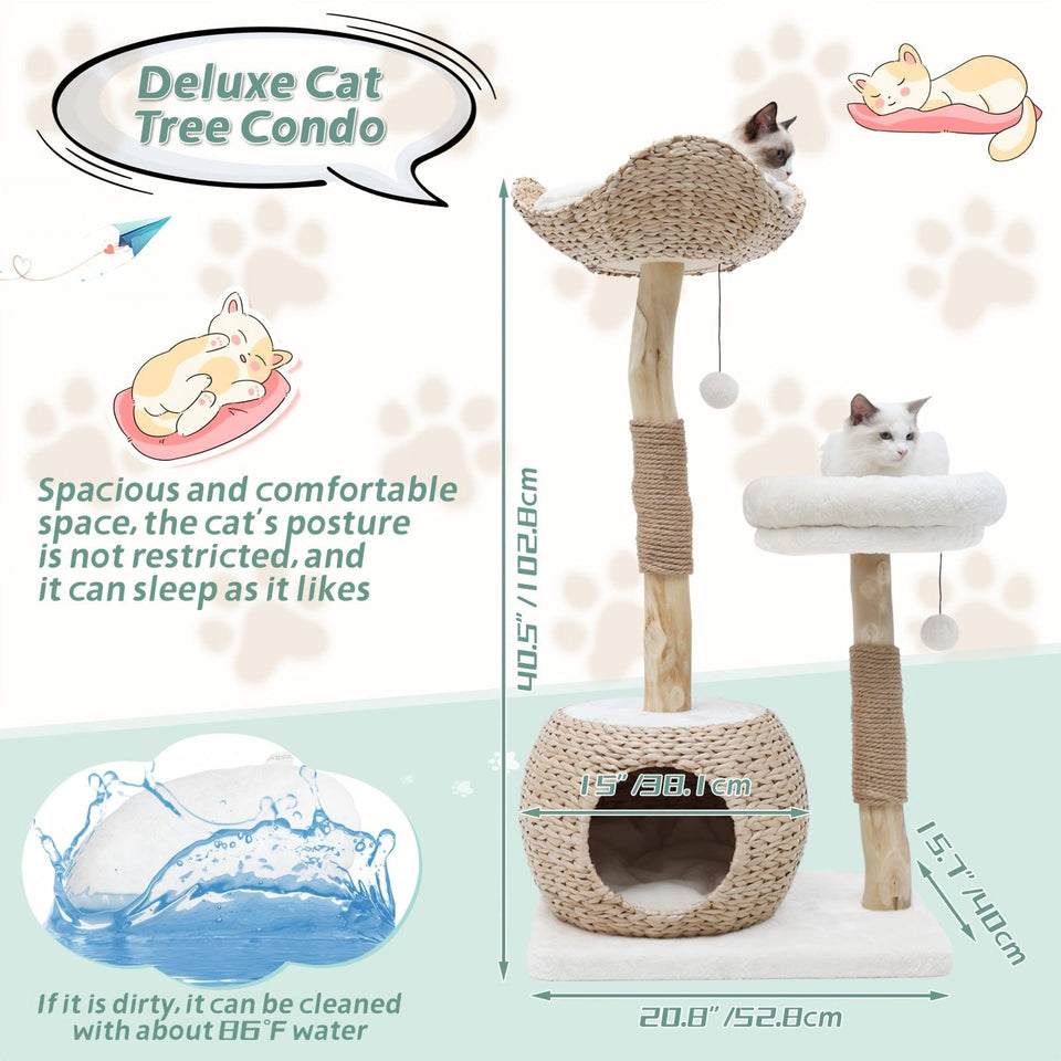 White 40.5'' Modern Deluxe Cat Tree - Natural Solid Wood Pillars, Scratching Post & Condo 40.5'' Modern Deluxe Cat Tree - Natural Solid Wood Pillars, Scratching Post & Condo