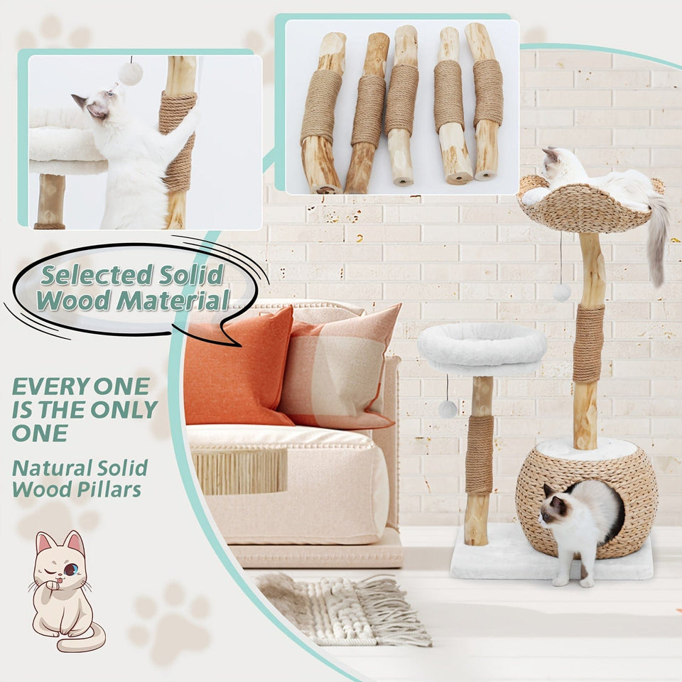 White 40.5'' Modern Deluxe Cat Tree - Natural Solid Wood Pillars, Scratching Post & Condo 40.5'' Modern Deluxe Cat Tree - Natural Solid Wood Pillars, Scratching Post & Condo