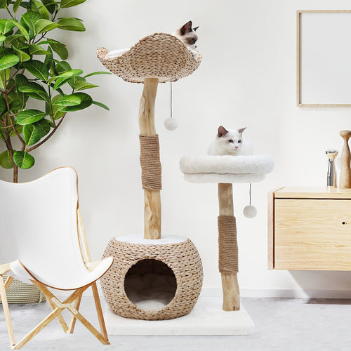 White 40.5'' Modern Deluxe Cat Tree - Natural Solid Wood Pillars, Scratching Post & Condo 40.5'' Modern Deluxe Cat Tree - Natural Solid Wood Pillars, Scratching Post & Condo