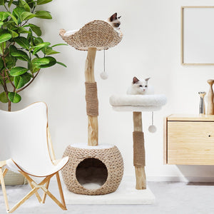White 40.5'' Modern Deluxe Cat Tree - Natural Solid Wood Pillars, Scratching Post & Condo 40.5'' Modern Deluxe Cat Tree - Natural Solid Wood Pillars, Scratching Post & Condo