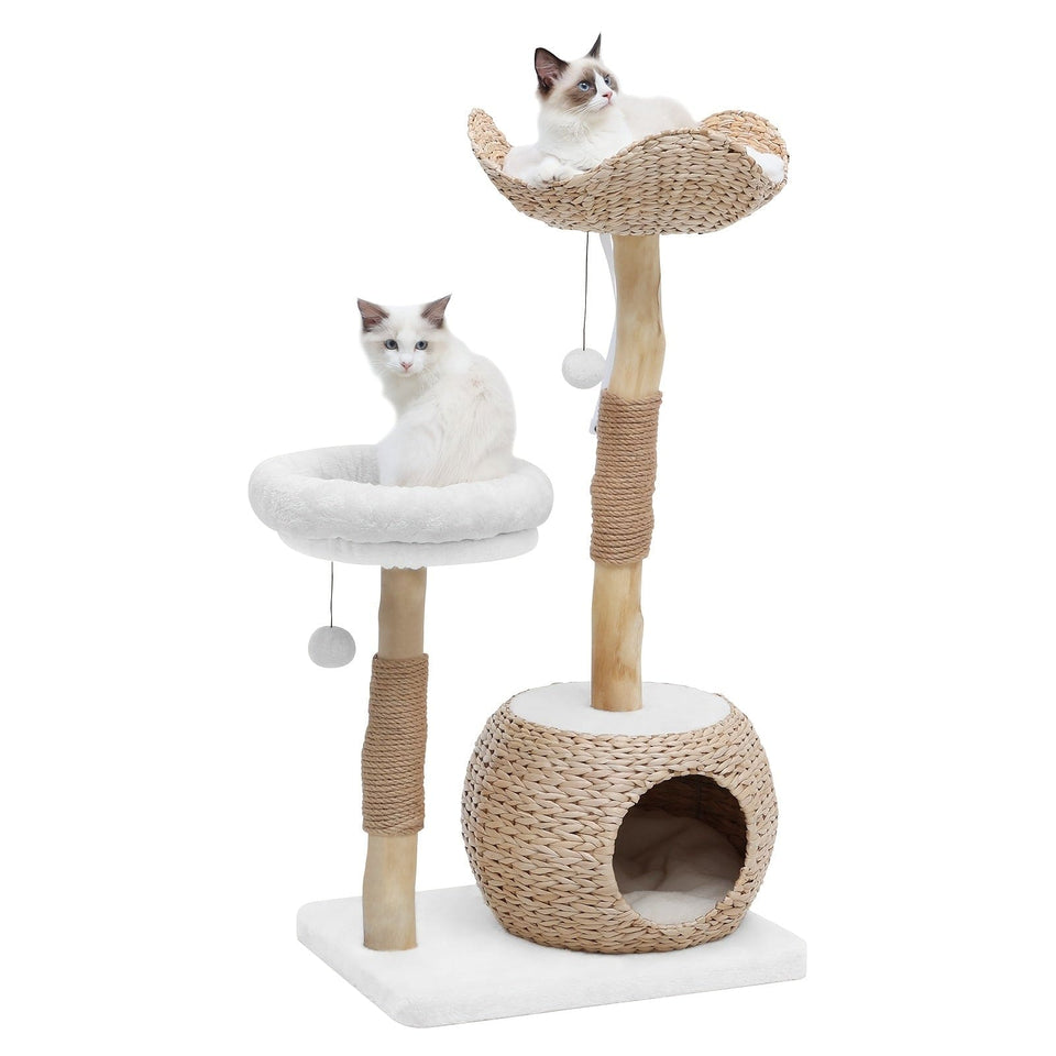 White 40.5'' Modern Deluxe Cat Tree - Natural Solid Wood Pillars, Scratching Post & Condo 40.5'' Modern Deluxe Cat Tree - Natural Solid Wood Pillars, Scratching Post & Condo