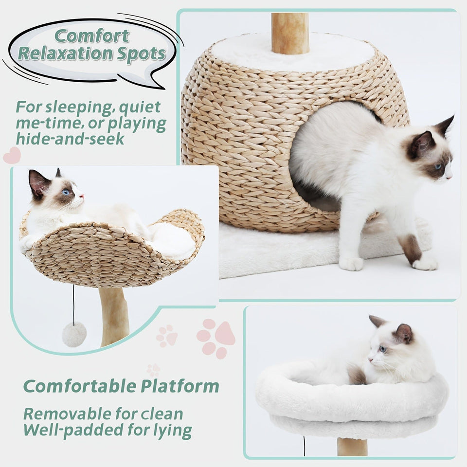 White 40.5'' Modern Deluxe Cat Tree - Natural Solid Wood Pillars, Scratching Post & Condo 40.5'' Modern Deluxe Cat Tree - Natural Solid Wood Pillars, Scratching Post & Condo